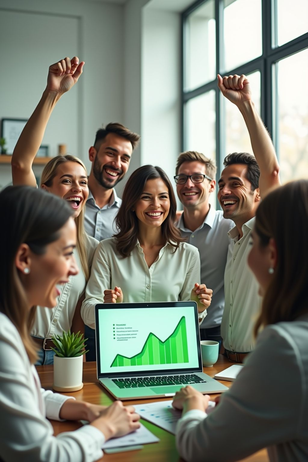 GTL colleagues celebrating around a laptop showing growth figures