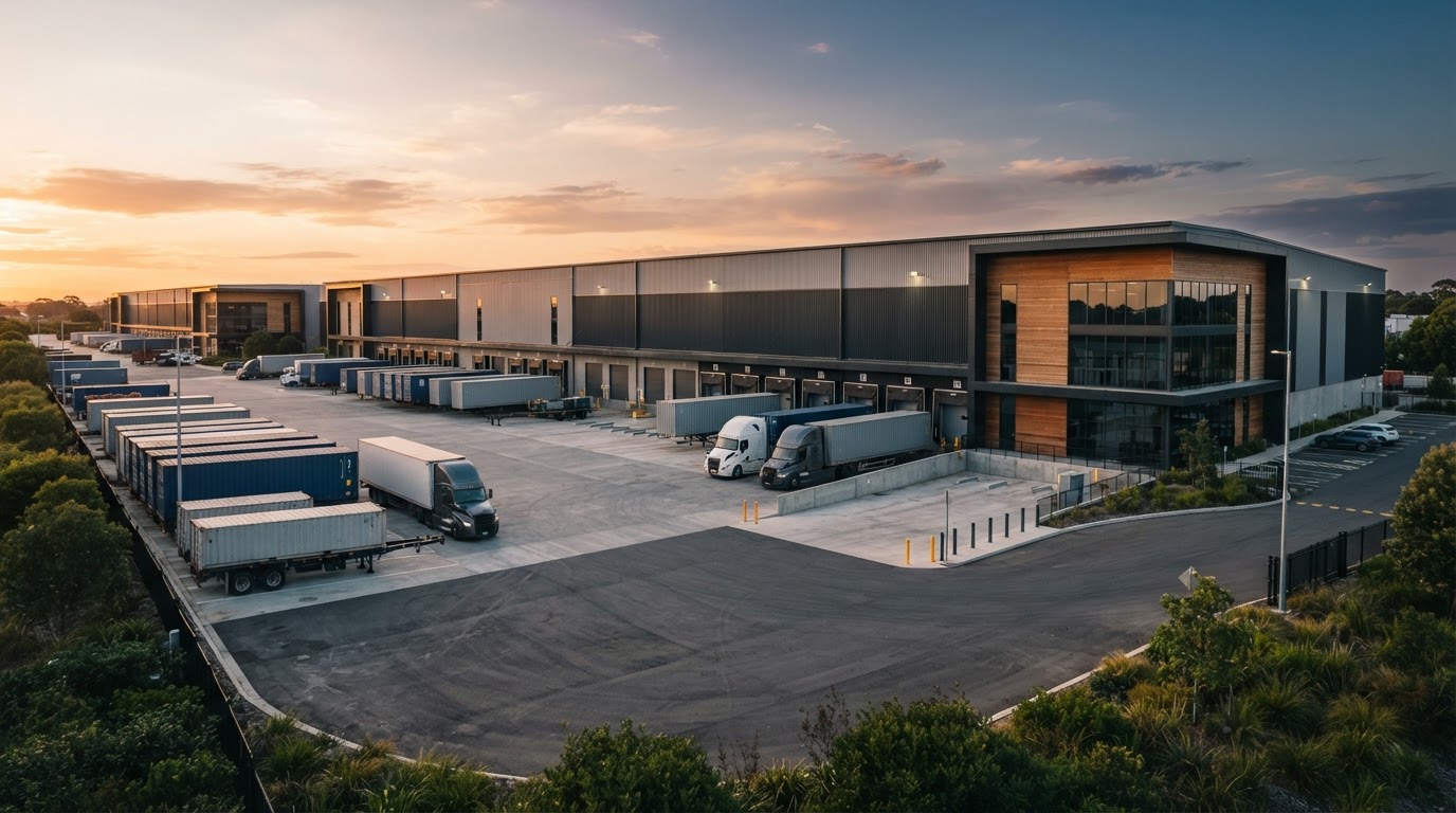 Global Park head office and warehouse at sunset