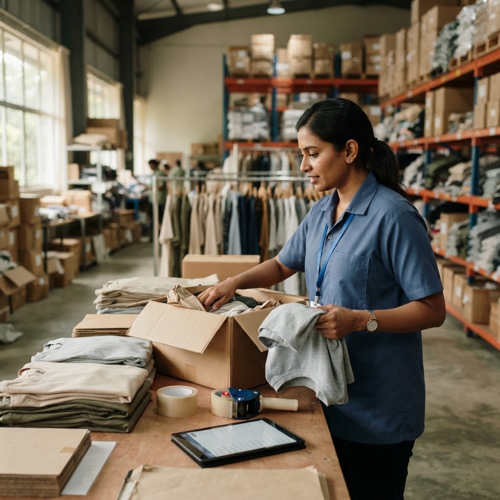 Warehouse associate packing folded garments