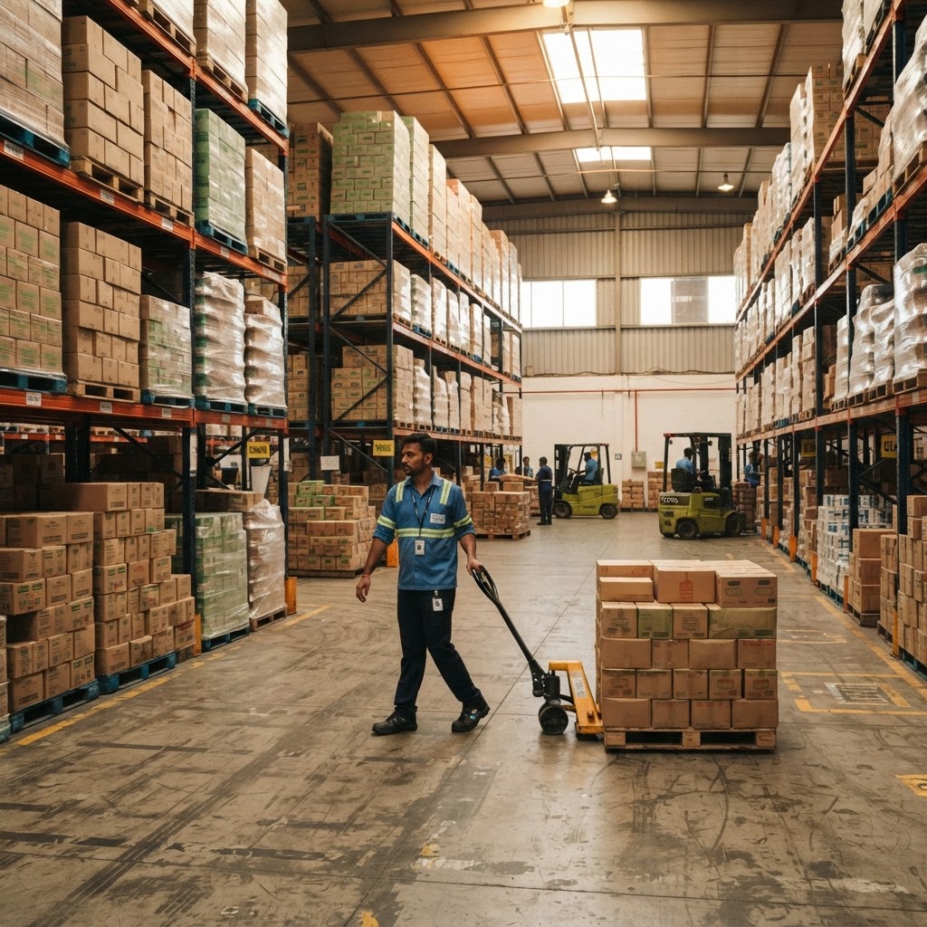 Warehouse operator moving palletised FMCG stock