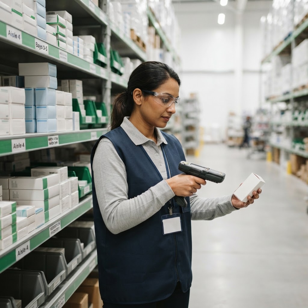 Pharmacy warehouse picker scanning a product