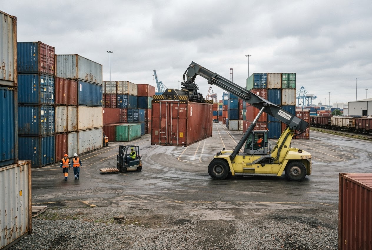 Container freight station yard with a reach stacker