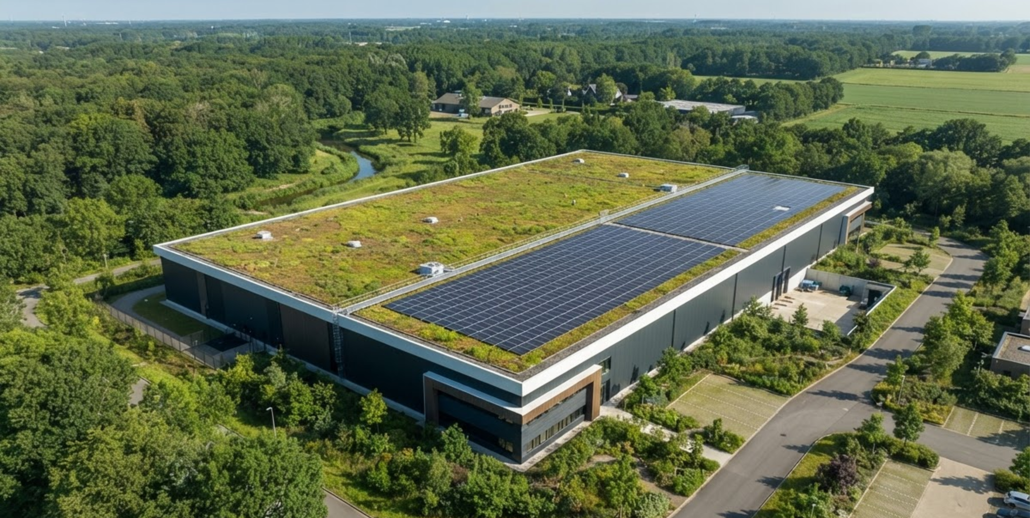 GTL warehouse with a green roof and solar panels, surrounded by trees