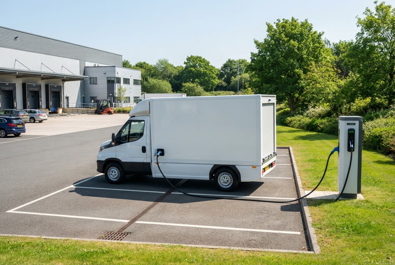 Electric delivery van charging outside a GTL facility
