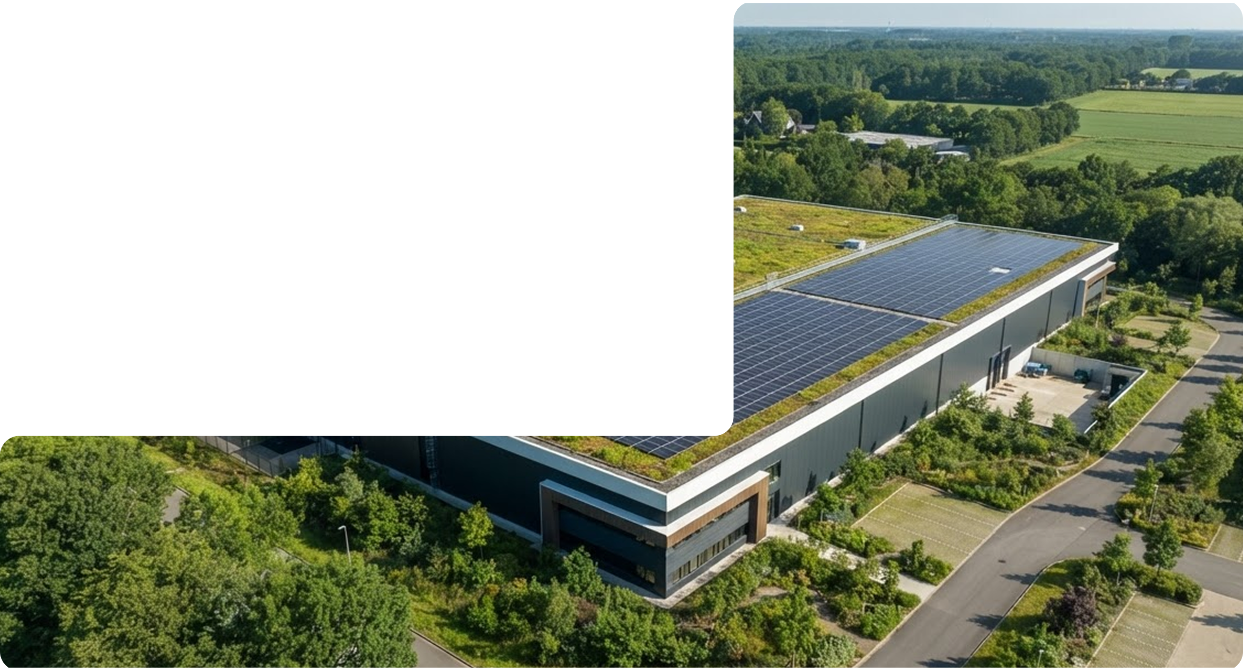 Global Park warehouse with a planted roof and solar panels, surrounded by woodland
