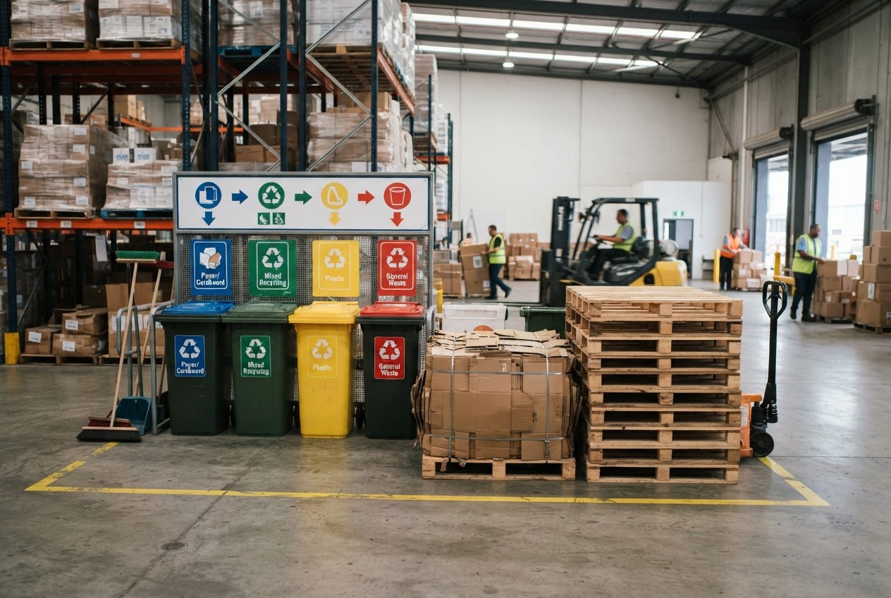 Colour-coded recycling bins beside stacked pallets in a warehouse