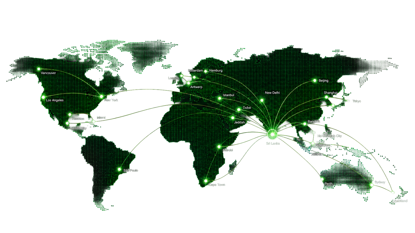 World map of GTL's routes from Sri Lanka to Europe, the Middle East, Africa, Asia, Australia and the Americas
